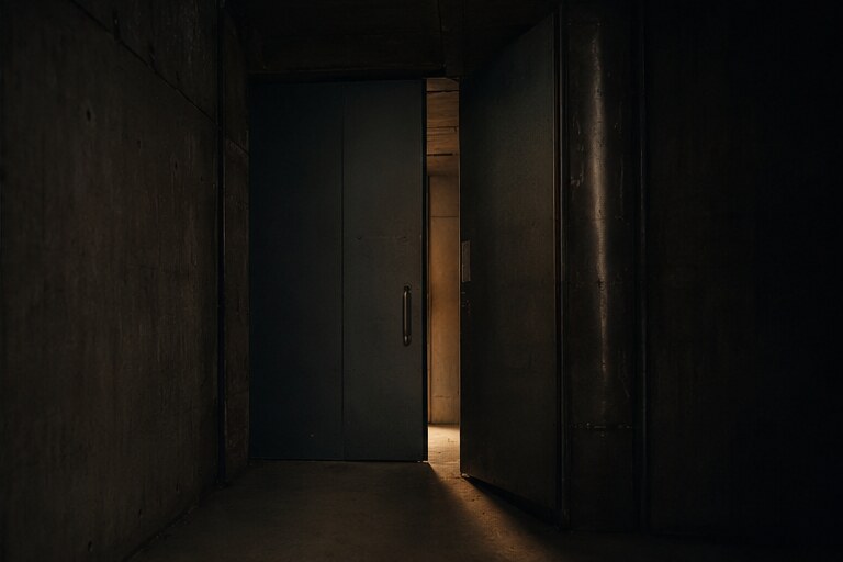 Porte métallique entrouverte dans un couloir sombre